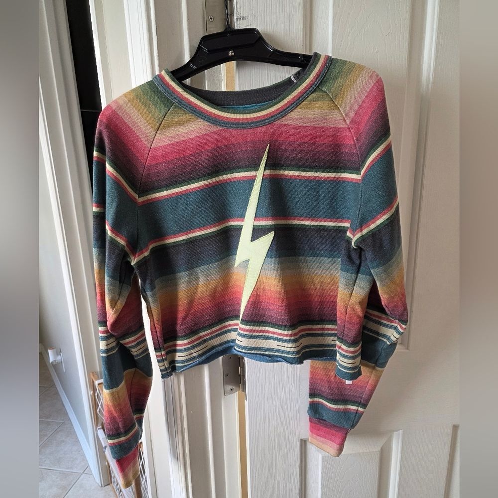 Aviator Nation Serape Bolt Crew Neck Cropped Sweatshirt Size Small NEW